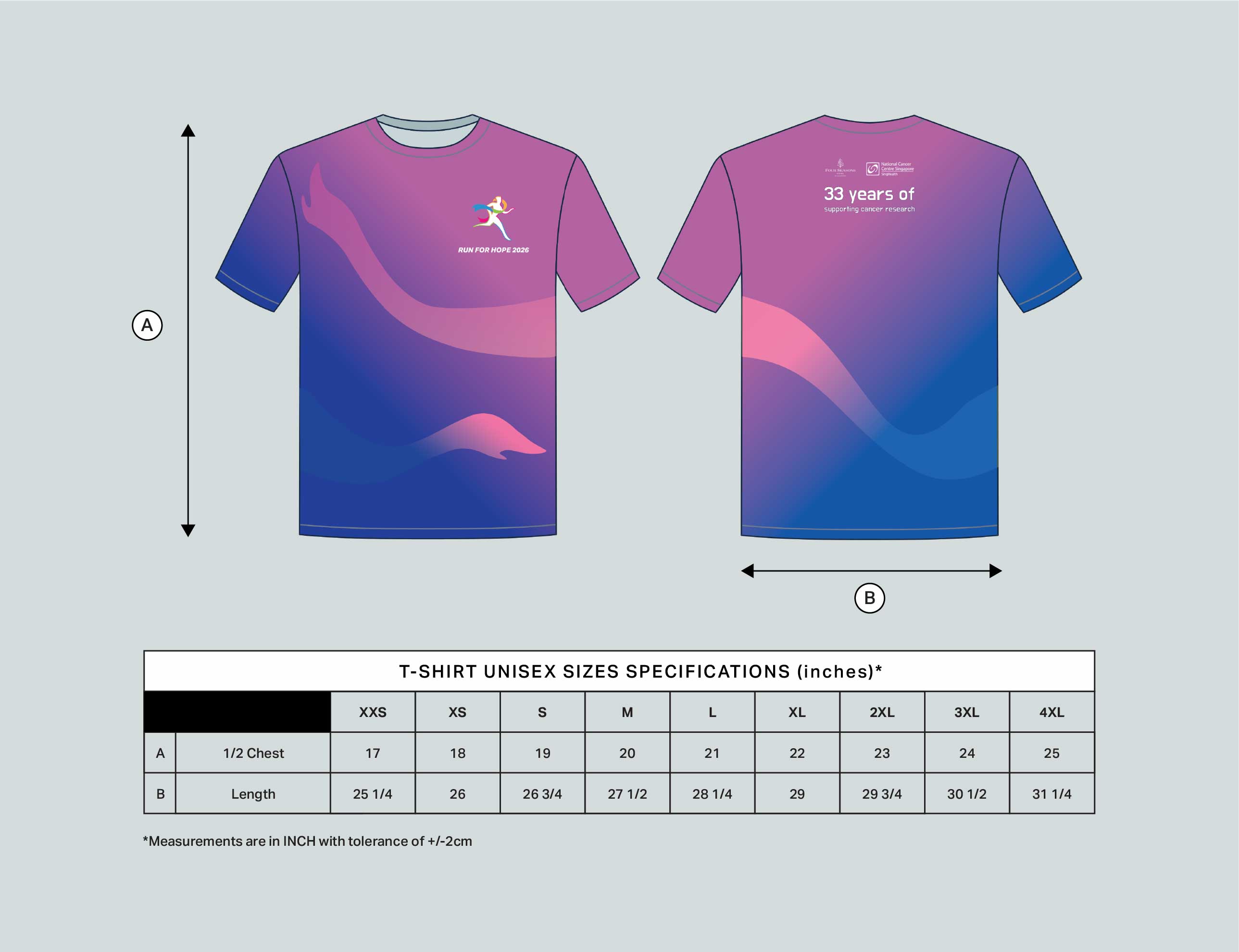 Run For Hope 2026 T-shirt size chart