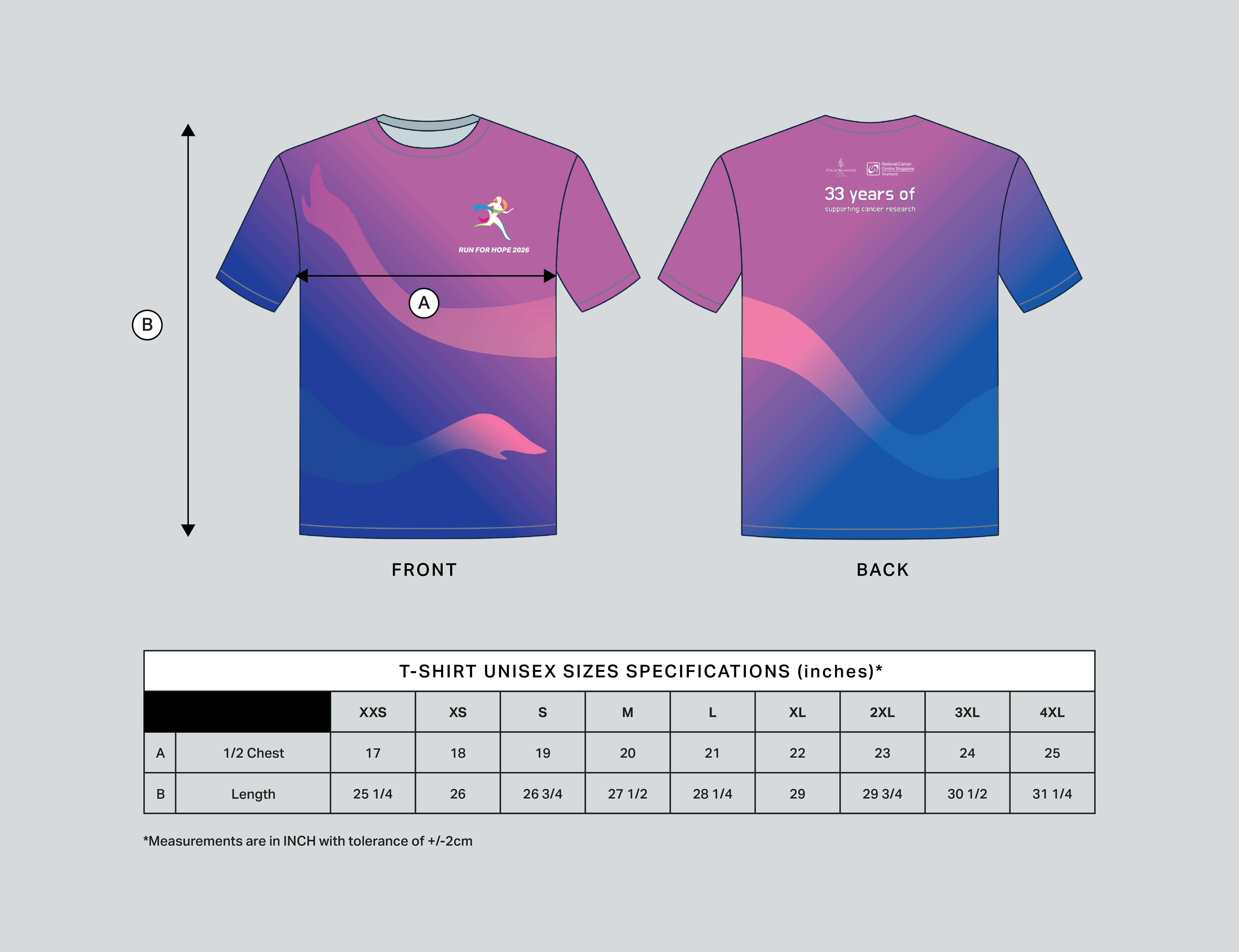 Run For Hope 2026 T-shirt size chart
